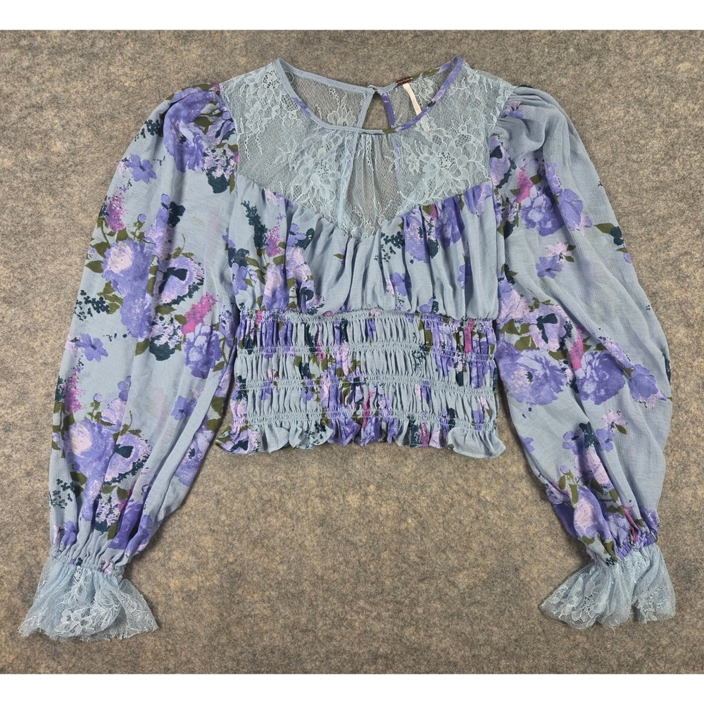 Free People Blue Floral Lace Smocked Crop Top Balloon Sleeve XS Daphne